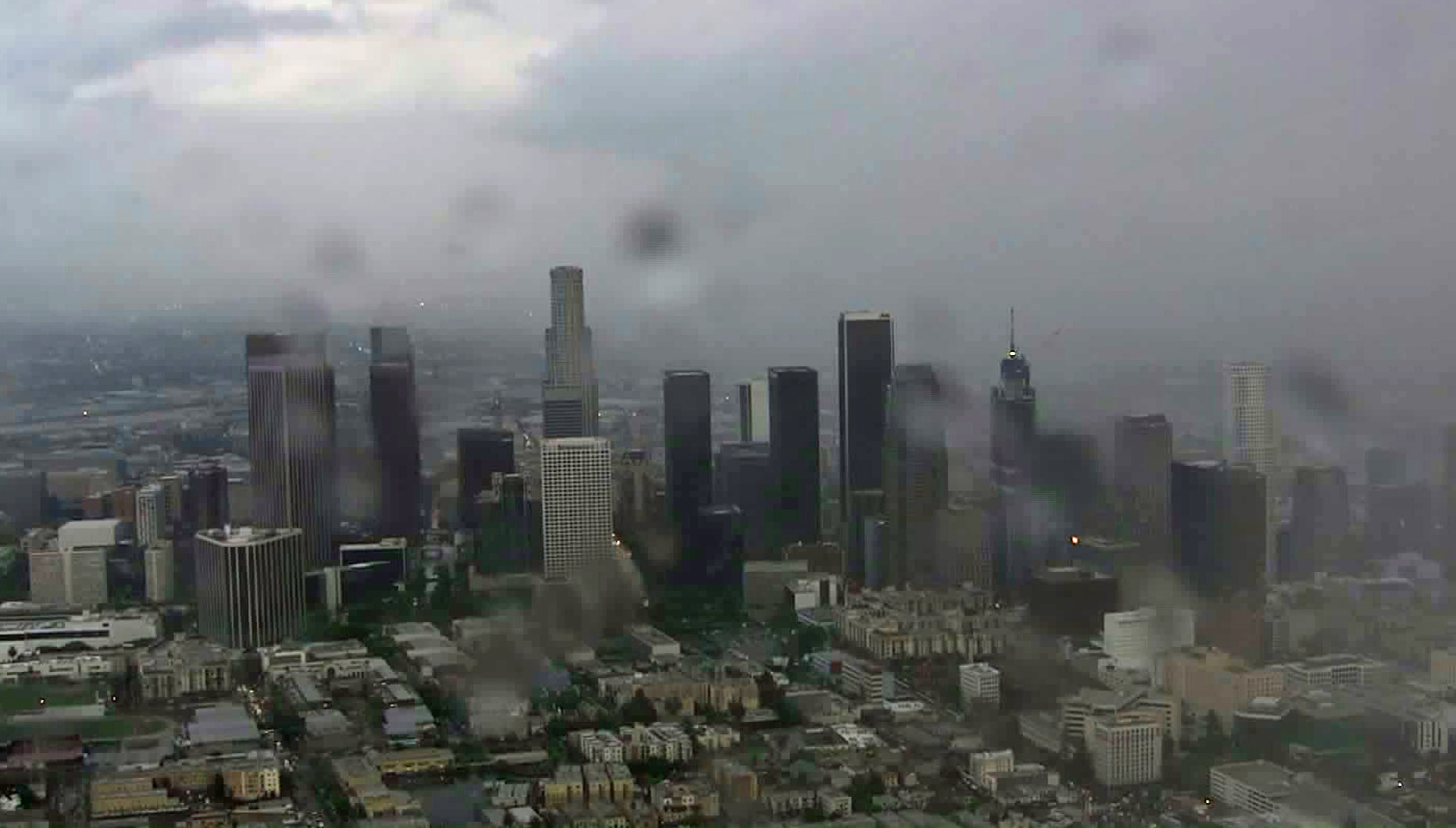 Rain falls on downtown Los Angeles, as seen from Sky5 on Oct. 5, 2015.