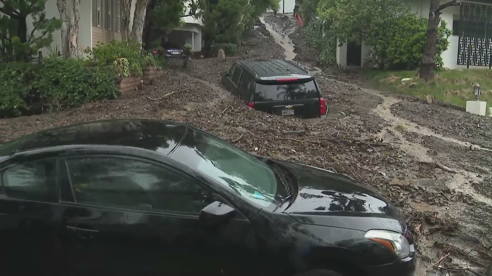Several cars are encased in mud after a debris flow in Beverly Crest on Feb. 5, 2024.